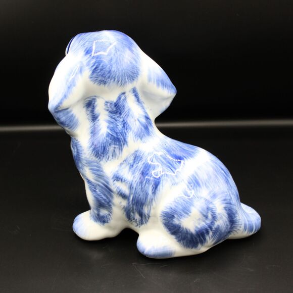 Vintage Blue White Ceramic Dog Figurine Glossy Glaze Cocker Basset Animal Decor - Picture 4 of 8